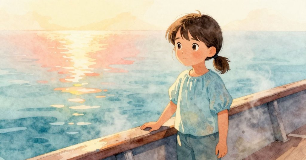 卡雅在船艙內輕觸陽光暖軌，水霧輕拂，神情平靜，展現冒險開端與細膩情感。