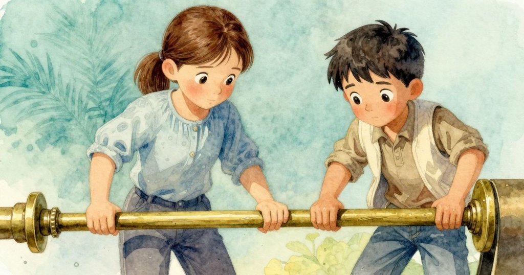 船側古銅桿細節豐富，水滴流動間展現歲月痕跡與有節奏的機械動作，畫面細膩溫和。