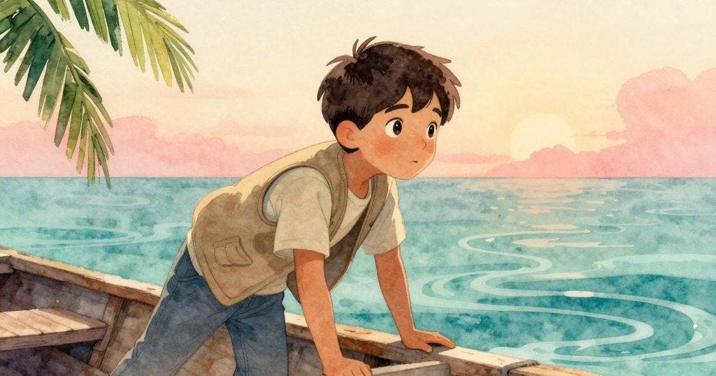 格倫從低角度仰望船內水流節奏，專注好奇，柔和光影襯托出內心驚奇與共鳴。