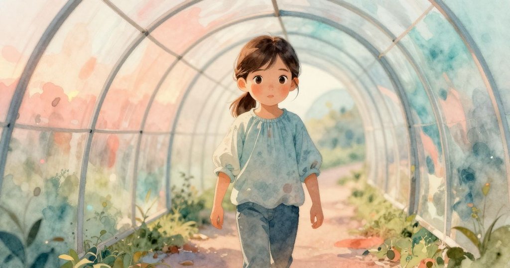 卡雅踏入光影交織隧道，橘杏與青綠混合光暈營造神秘轉換空間，動作優雅心境期待。