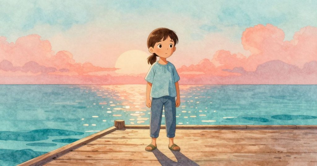 卡雅立於碼頭上凝思回望船側閃爍水痕，廣闊背景中流露出溫柔結局與內心寧靜。