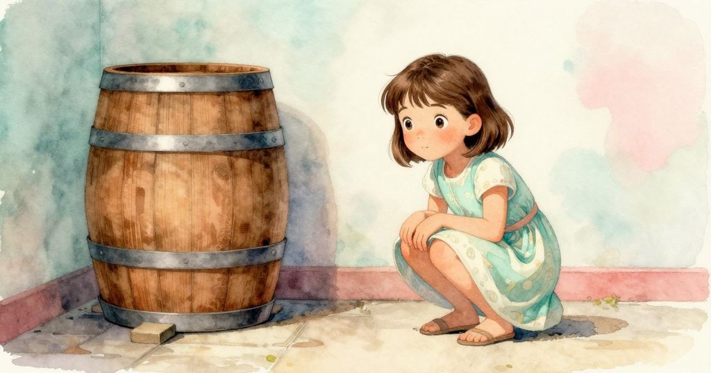 Flora彎身檢查木桶與石柱，柔和晨霧與暖燈光交織，神情專注，室內靜謐。