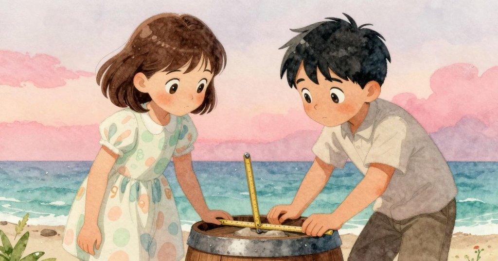 傾斜視角下，Flora的手與測量棒近距離互動，木桶與石牆間呈現微妙間隙與露珠細節。