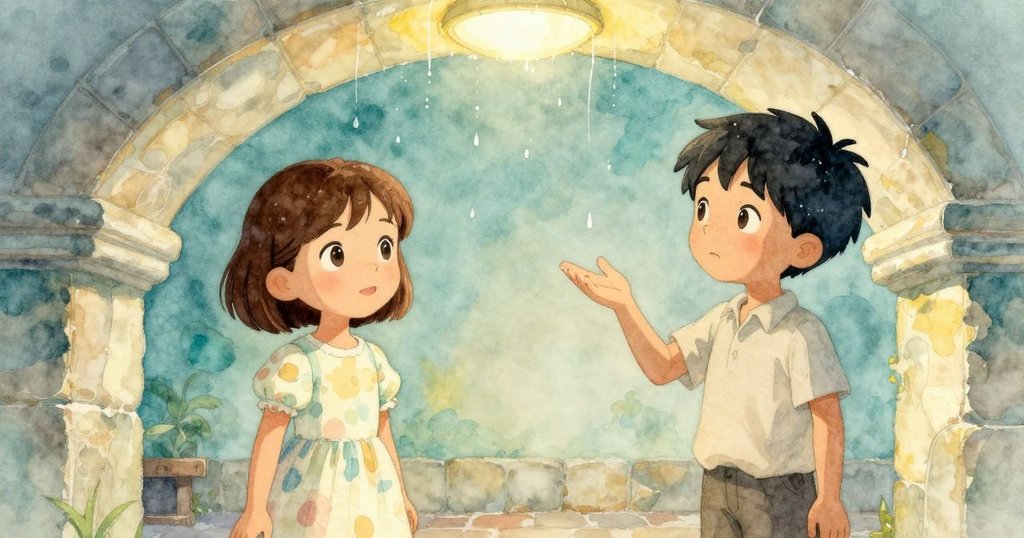 室內石牆與拱形天花板上滴水流動，Flora與Inigo靜觀之中，柔光映出迷人氛圍。