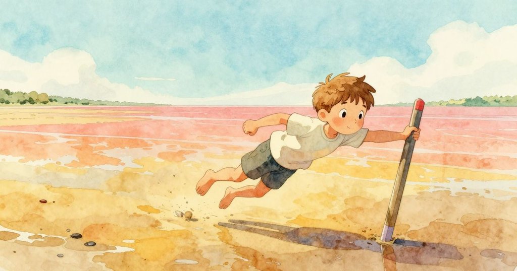 科爾在低潮的沙灘上緩步前行，口袋裝滿貝殼，背景中歪斜的標記柱帶來奇異感，神情充滿期待。