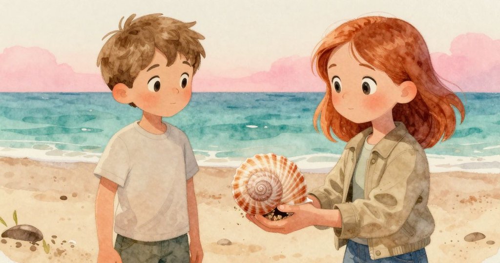 科爾伸出手輕撫螺旋貝殼，細緻展示海洋拾獲的質感，畫面近距離展現動作與細節。