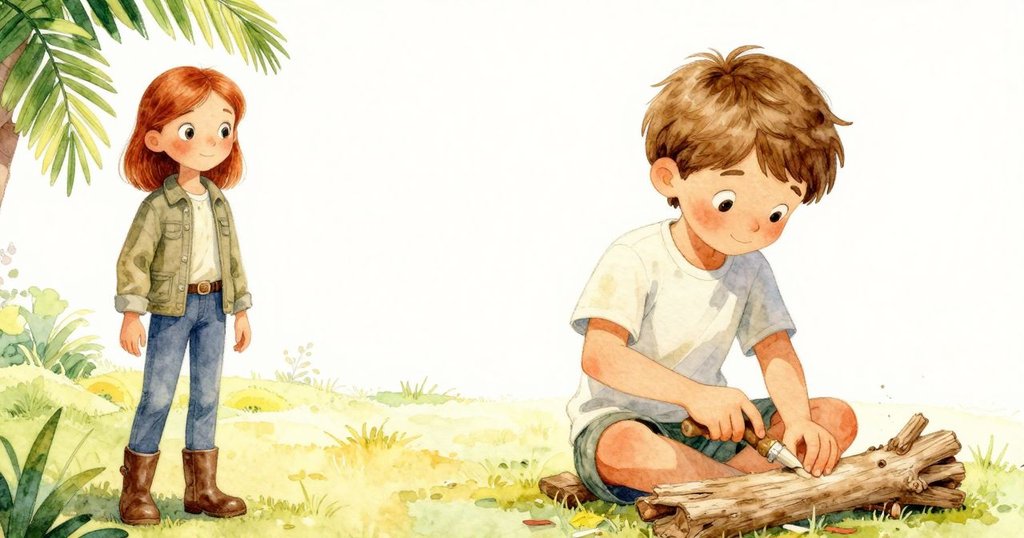 左右分割畫面，左邊克拉拉穿著靴子踏砂，右邊科爾在木柱旁雕刻，動作互動展現探險情懷。