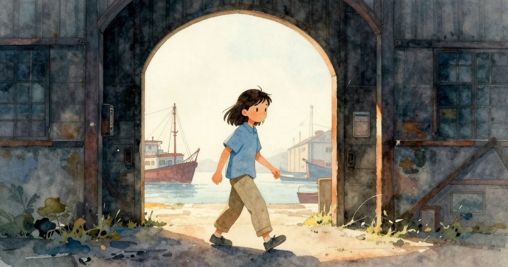 蕾娜踏出拱門步入碼頭，室內塵埃與戶外鵝卵石交界處，晨霧輕籠罩，充滿期待與好奇