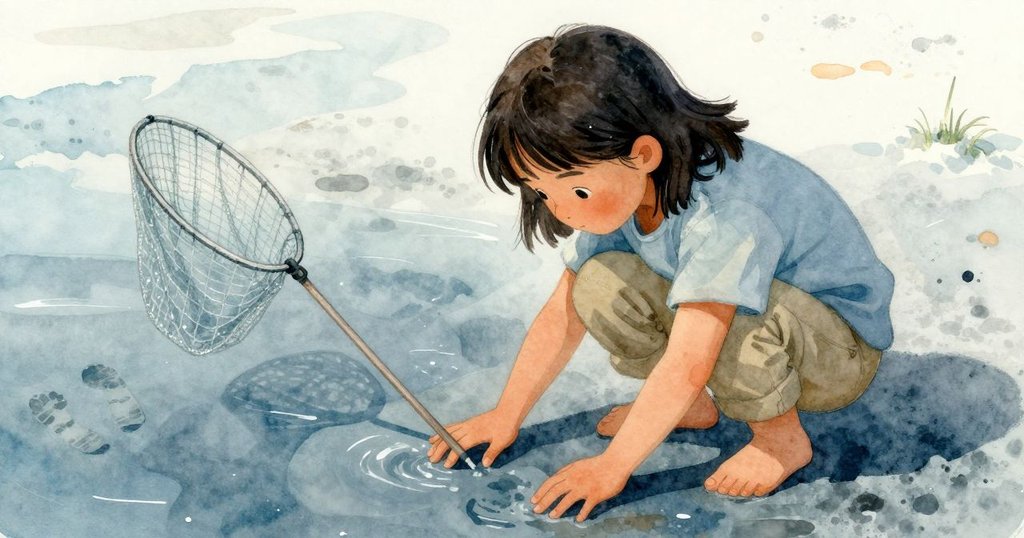 蕾娜注視著水坑中暗色的足跡與懸掛著的漁網，晨光輕灑，填滿空白處，展現好奇與細膩觀察