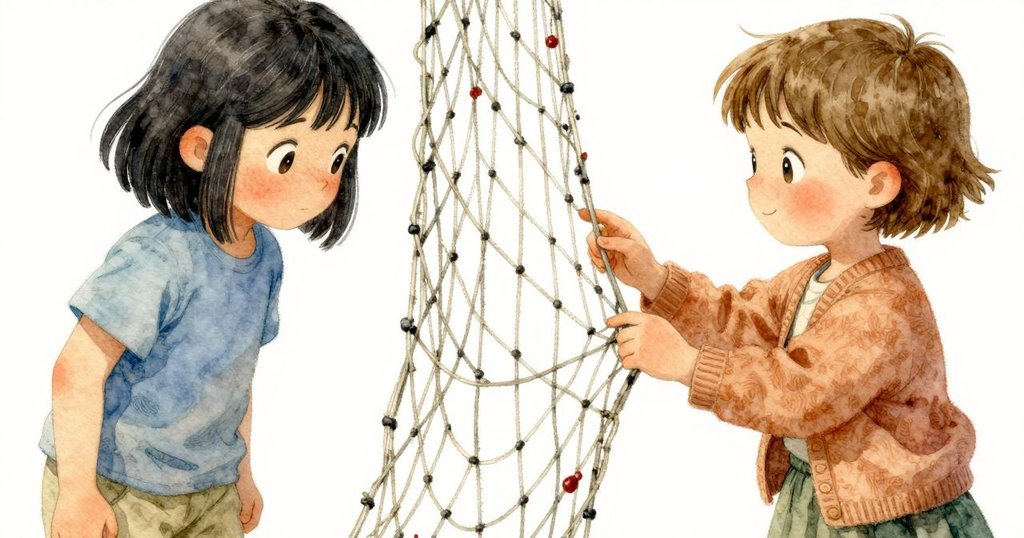 蕾娜的手指輕觸漁網細節，感受不均質感與細膩紅蠟痕跡，專注且略帶緊張的情感流露