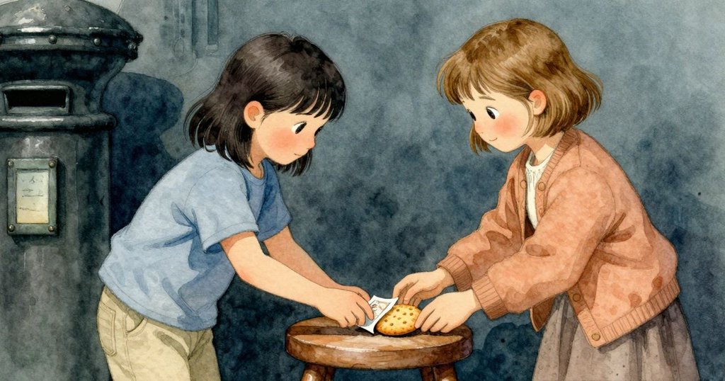 娜莎輕拆紙包，將餅乾放在木凳上，蕾娜在旁專注修補漁網，場景靜謐溫柔，充滿默契與關懷