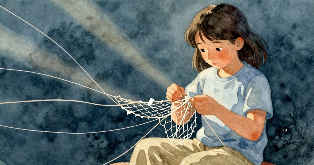 蕾娜專注修補破損漁網，手中線軌動感十足，紅蠟痕跡在晨光下閃爍，展現堅定與技藝