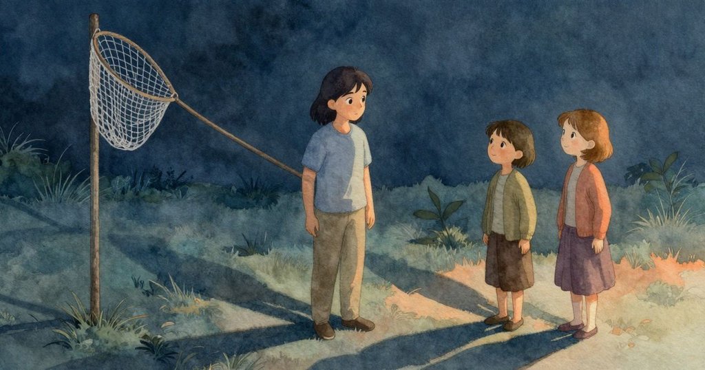 蕾娜與娜莎靜享餅乾，修補完的漁網隨風輕響，木柱旁伸展影子鷗鳥棲息，畫面充滿平靜與結局感