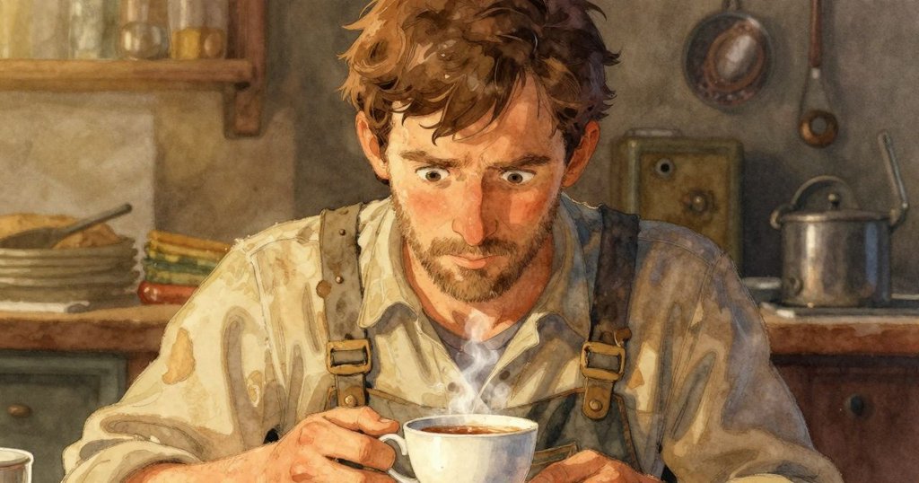 Sullivan 特寫面容, 仔細觀察茶杯上凝結的水珠, 表情充滿驚訝與疑惑, 燈光柔和營造溫馨氣氛