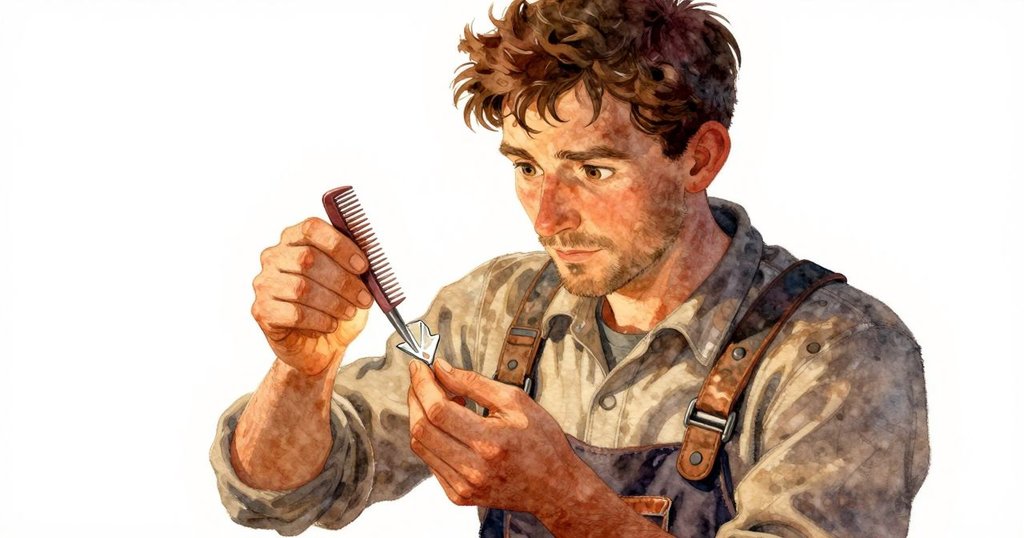 Sullivan 以手觸碰梳齒及碎玻璃, 桌面散落工具在暖光映照下細節清晰, 表情沉思神秘, 充滿探索感