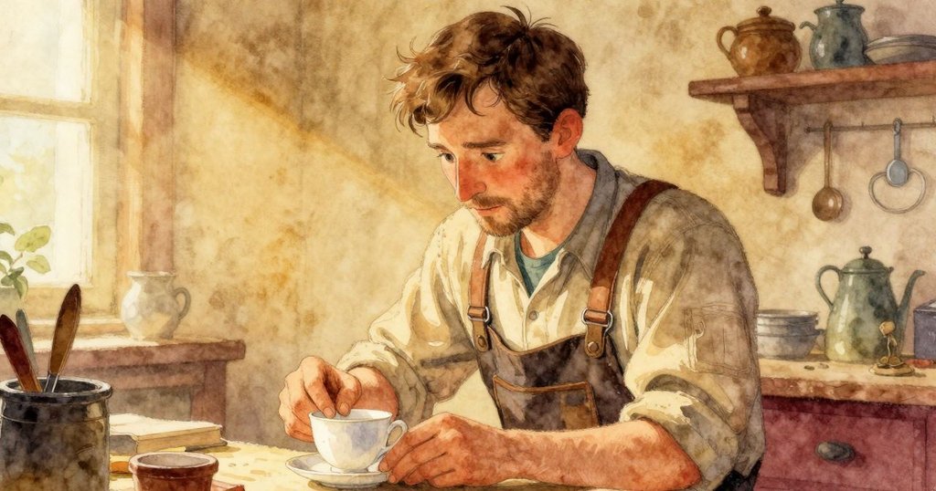 Sullivan 回憶過去, 工作坊呈現柔和懷舊色調, 桌上茶杯由正轉倒的對比, 溫暖柔光交織出舊時光