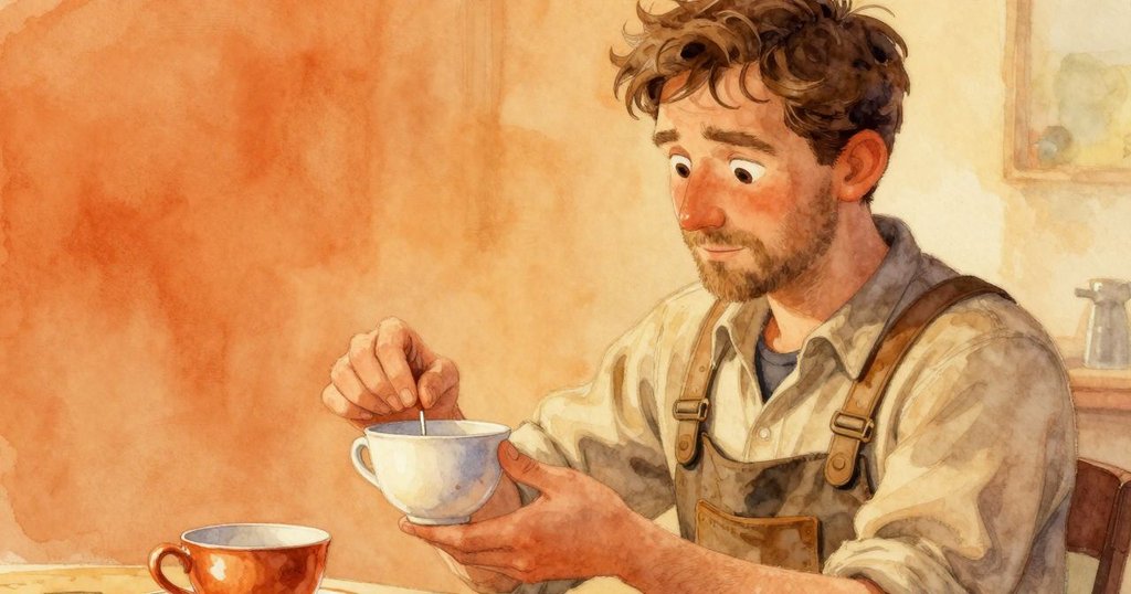 Sullivan 輕巧調整茶杯正位, 音樂盒發出柔和音符, 手部動作穩健, 工作坊燈光溫暖, 氛圍圓滿結局