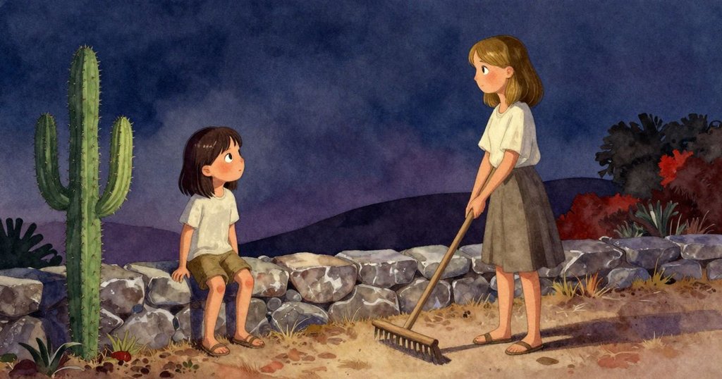 Tess站在石堤邊,臂靠仙人掌,遠處Paloma操作木耙於鹽灘上,神情專注,夕陽溫暖投射。