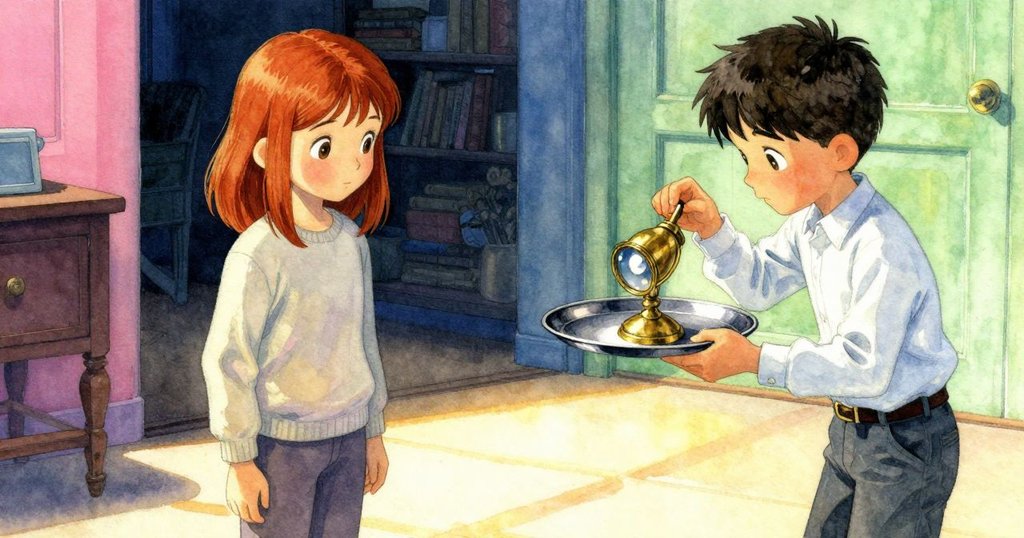 羅斯琳站在門口好奇地看著艾維調整銅邊鏡頭，室內晨光溫暖，兩人神情各異，故事開端展開