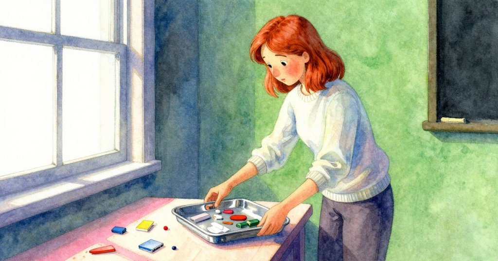 羅斯琳在明亮的窗光中重新整合托盤上的物品，堅定而溫暖地恢復草圖，達到故事圓滿結局