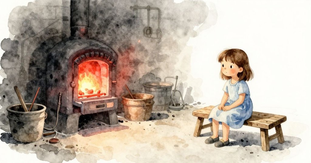 在溫暖光影中，Josie 坐在看臺上，注視著發光的熔爐，臉上表露出好奇與沉思，環境充滿柔和燈光與工業背景。