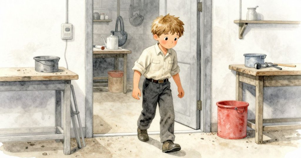 Grant 踏著塵土步入工作室，他的鞋子在粗糙地面上留下足跡，展現出專注與堅定的步伐，背景透著工業感光影。