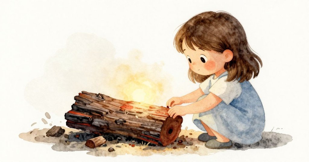 從肩後視角看，Josie 正專注檢視焦炭木塊，其上神秘樹紋如隱藏地圖，火光映照出她驚奇的神情。