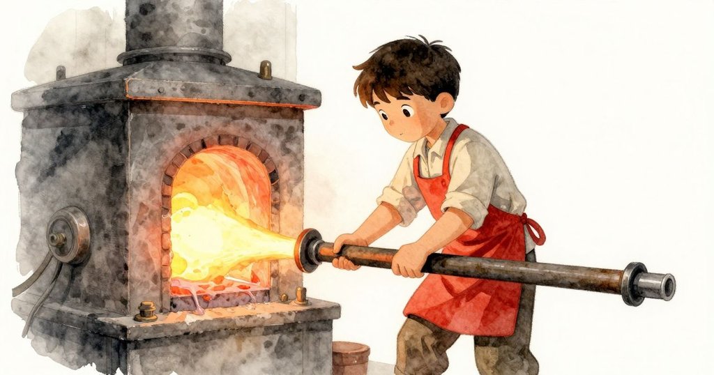 在新室內，Rafael 正旋轉管道於光亮的熔爐旁，玻璃宛如晨曦流動，整個工房充滿溫暖與專注氣息。