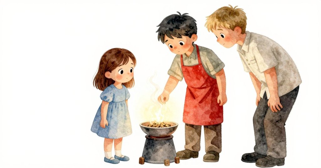 Josie 與 Grant 一同凝視著 Rafael 操作發光碗進入熔爐，蒸氣與煙霧緩緩飄散，臉上洋溢著敬畏與默契。