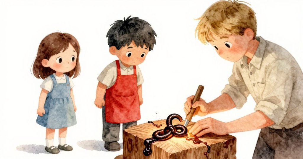 焦炭木塊靜置於台面上，其深色節點與隱約圖紋象徵著歲月印記，熔爐低鳴中散發出溫暖而沉思的氣息。