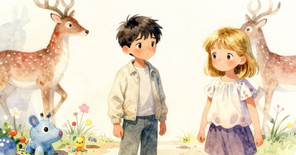 透過奧利安視角見到牆上斑駁鹿群與俏皮塑膠動物，環境昏暗神秘，充滿探索之感