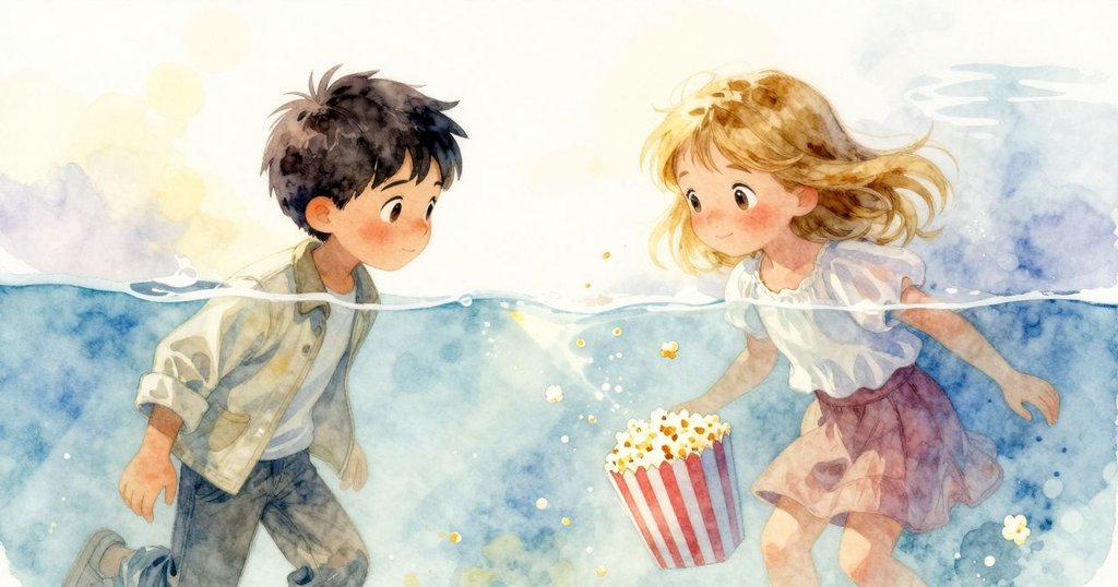 船艙內透明水流緩緩流動，爆米花盒於奧利安膝邊飄浮，水中光影柔和，充滿詩意