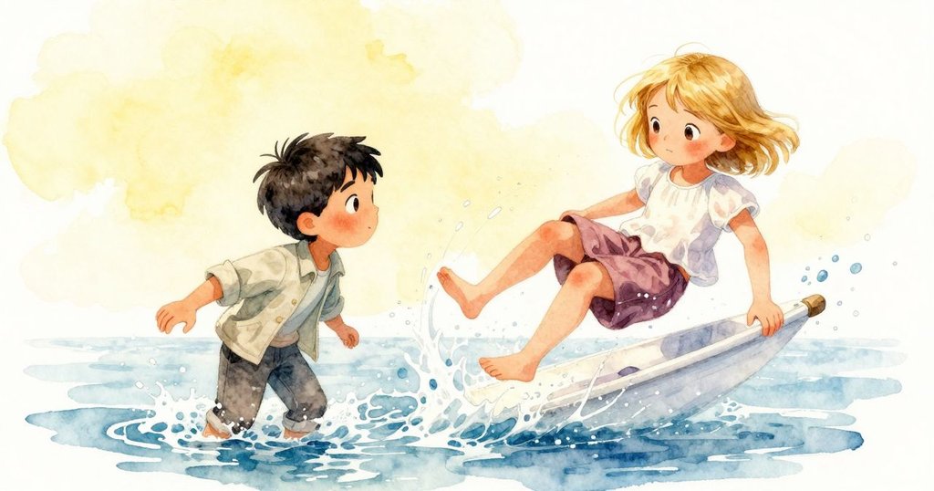 奧利安靠背緊固，普魯穩握船舷，船體傾斜間水花飛濺，動態場景充滿緊張與活力