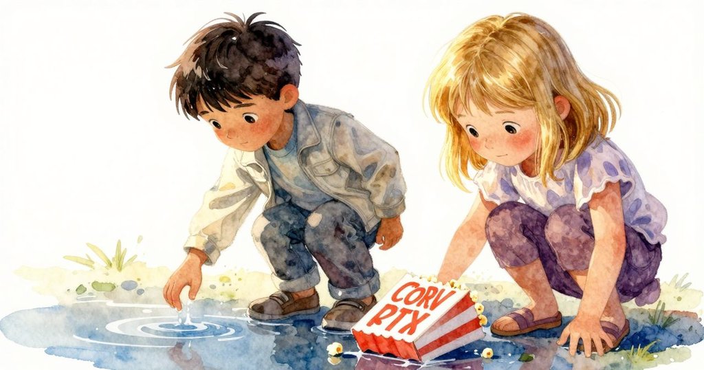 奧利安輕觸反光水坑，旁邊垂落的爆米花盒呈現暖光與涼水交織，場景收束含蓄，留白深思