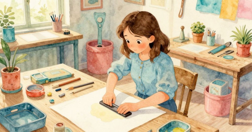 阿爾瑪在印刷工作台上操作，從上方角度展示工作環境與工具細節，充滿溫暖與期待。