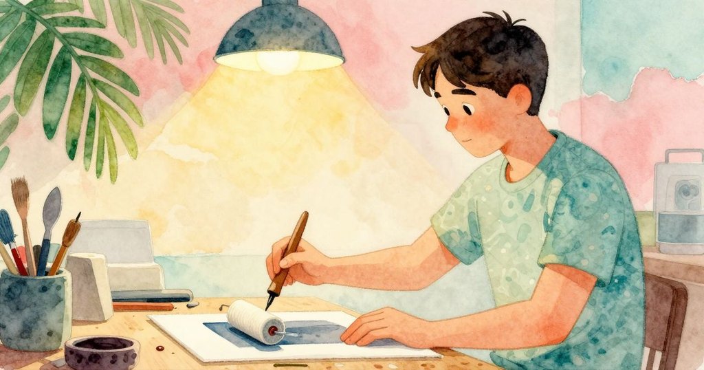 賈德森從低角度展示他仔細檢查印刷滾筒，燈光柔和突顯專注與工藝精神。