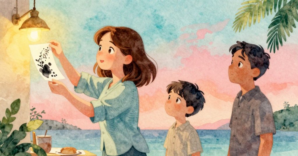 阿爾瑪小心翼翼揭起剛印好的紙張，燈光暖映，賈德森靜靜觀察，捕捉因果交互時刻。