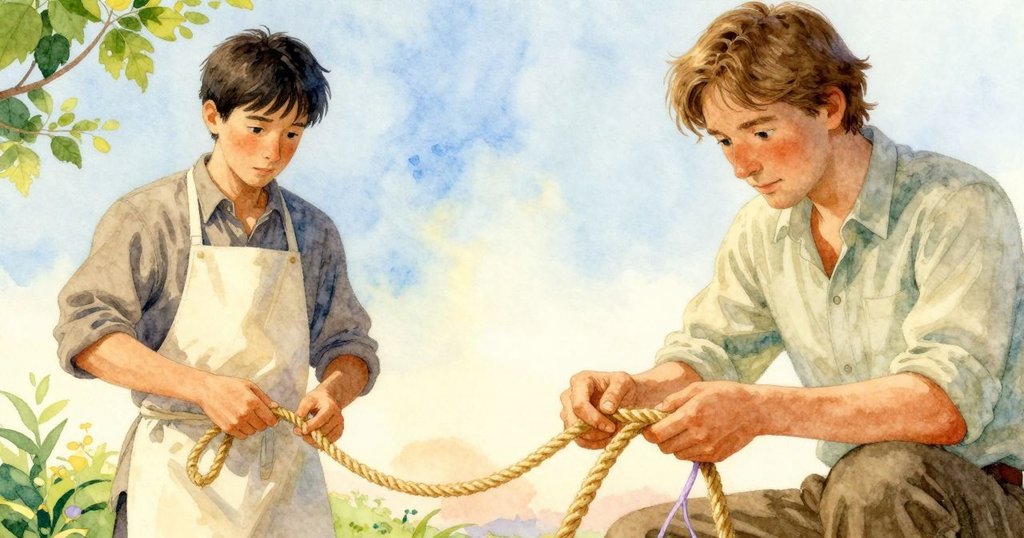 Rafferty的手精心扭結麻繩，柔和紫線在金色繩中若隱若現，光線溫暖，彰顯專注工藝