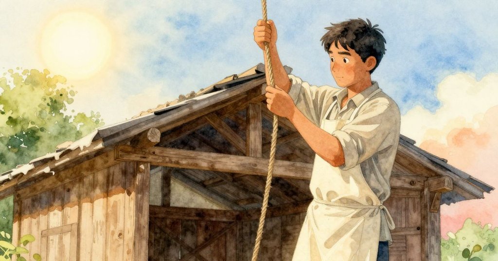 Rafferty俯瞰工作區，調整繩索張力，環境中散落著纖維，流露出認真與專注的神情