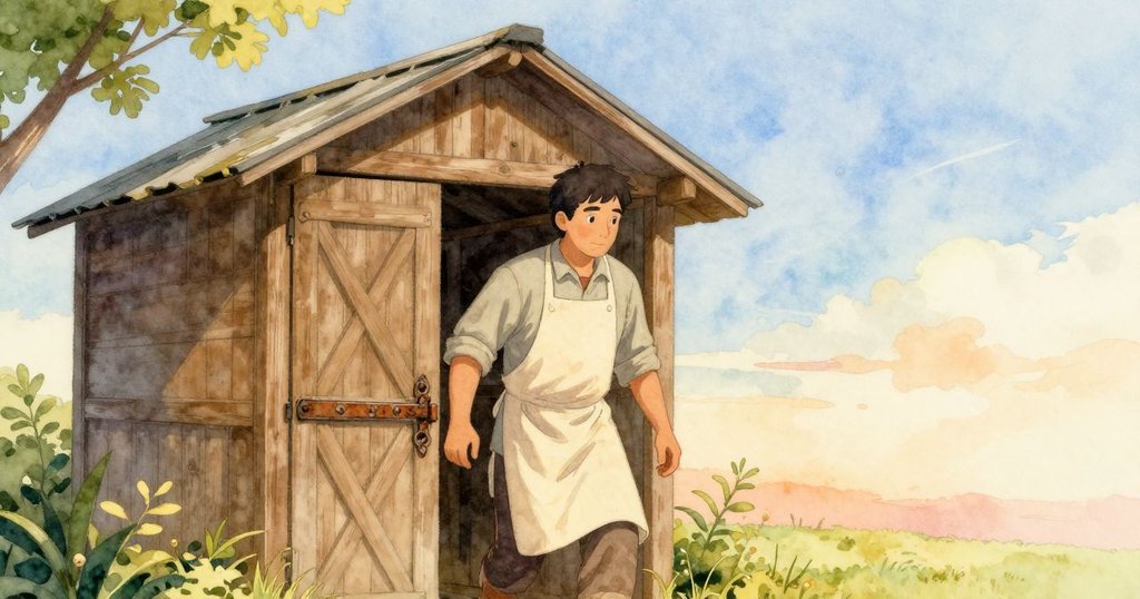 Rafferty離開木棚，鐵鎖上留有樹脂與手印，夕陽柔光中透露出一天努力的靜謐落幕