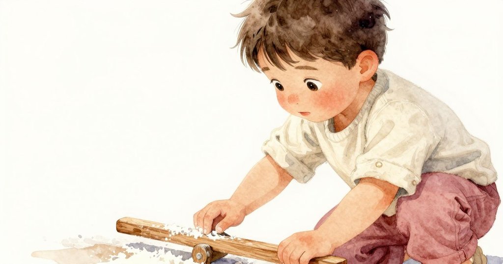 Everett 仔細觸摸覆蓋著麵粉薄霧的木質槓桿,專注好奇地探索磨坊奧秘