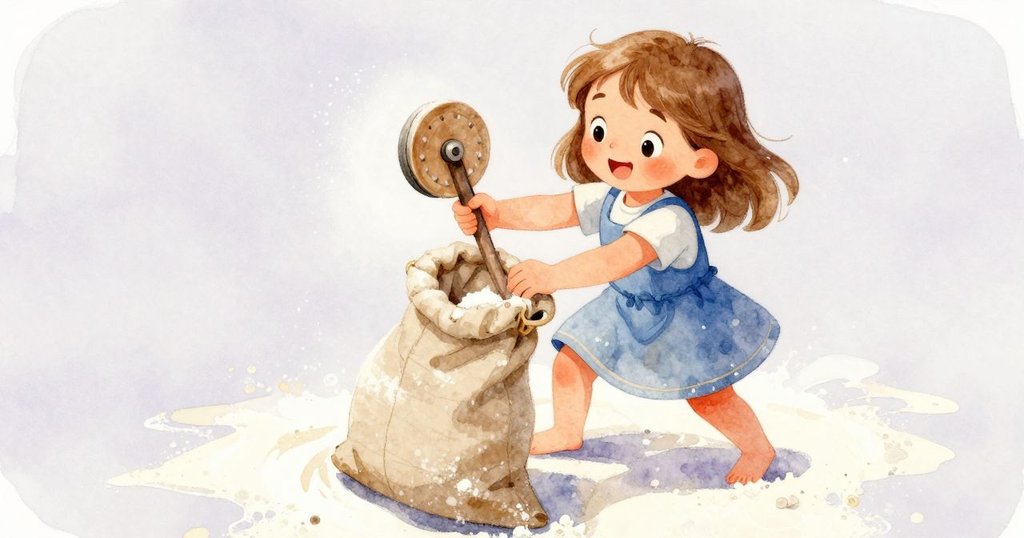 Raine 在高角度下操作麻袋輥子,麵粉粉塵在斜射的夕陽中飄舞,動作自然且專注