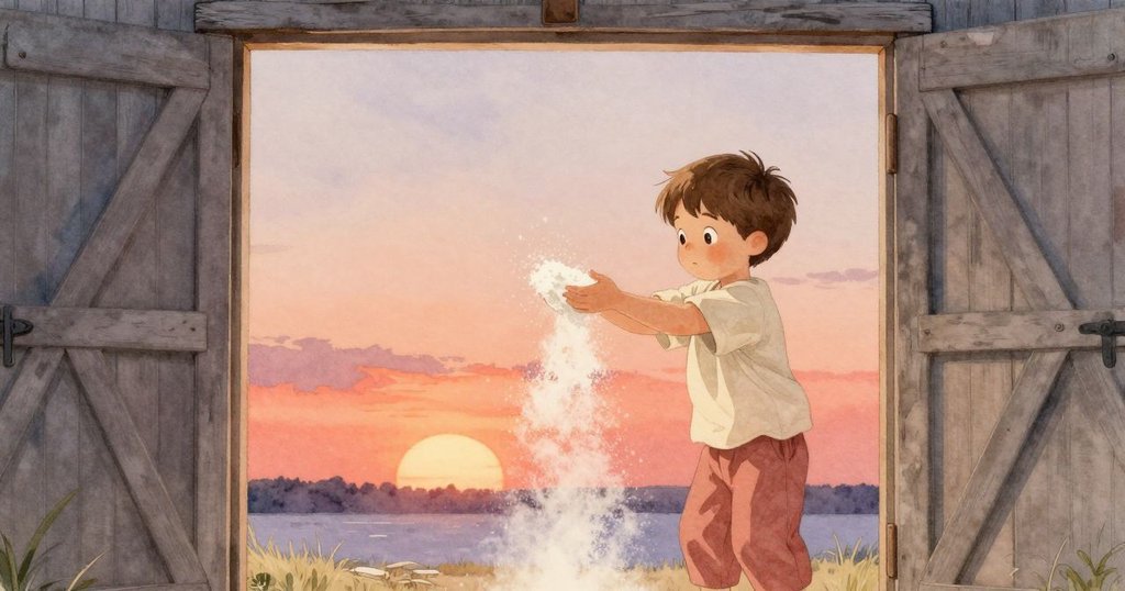 夕陽下Everett在磨坊門前輕放麵粉,麵粉隨風飄散,營造出溫柔寧靜的告別氛圍