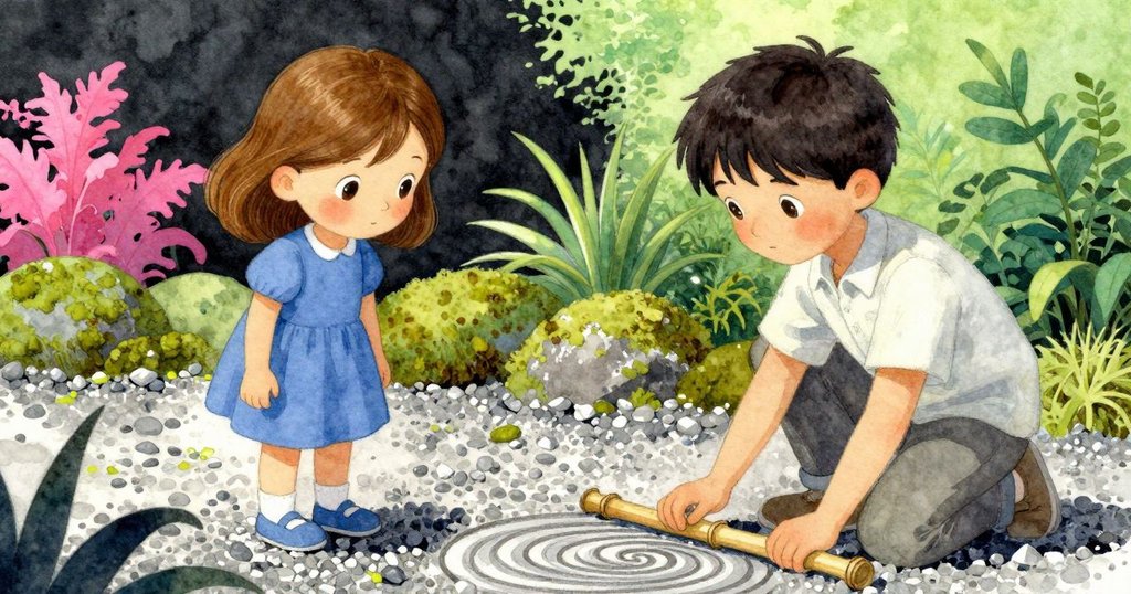莉奧拉在前景用竹耙劃出螺旋圖案,背景雷米靜觀,石子與苔蘚層次豐富光線流轉