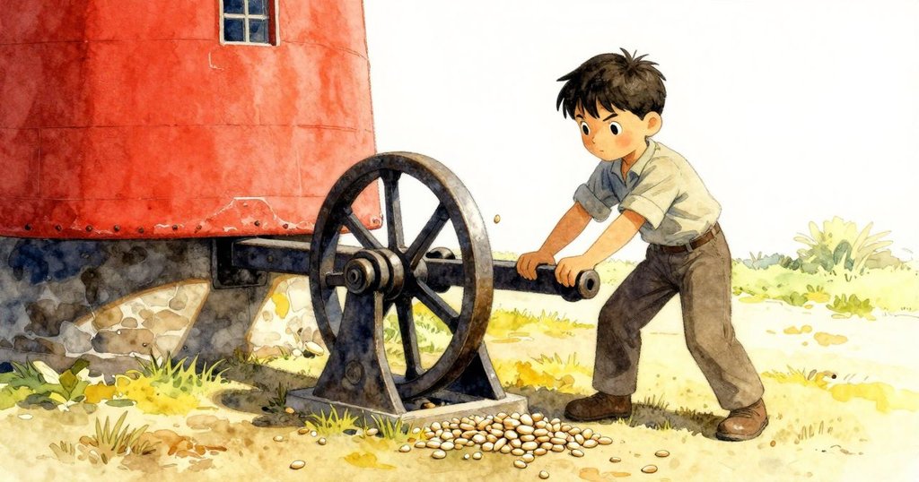 Rafe在明亮的戶外磨坊前操作古老杠杆，稻穀散落飛舞，環境中充滿歷史感與溫暖光線。