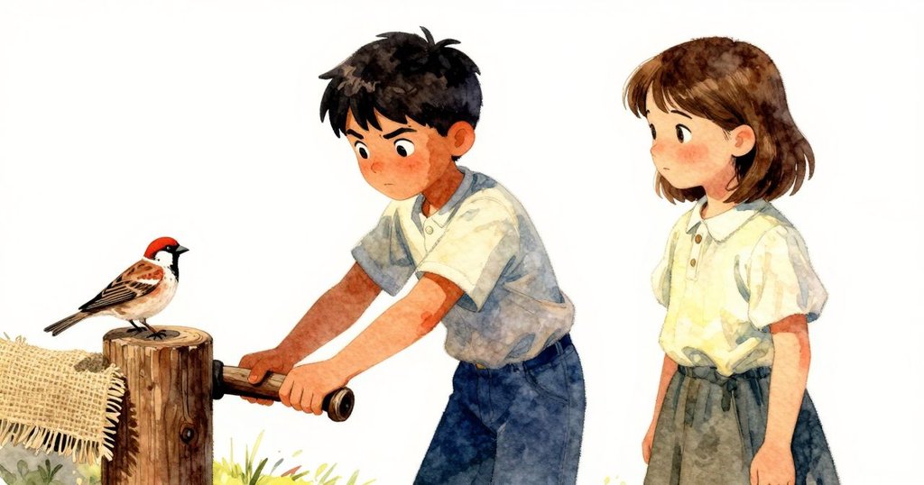 Rafe輕觸古老杠杆，一隻麻雀停於破舊粗麻布上，畫面突顯人工與自然之間的細膩對比。