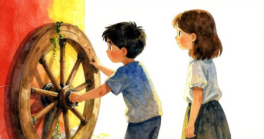 從Rafe背後觀看轉動木輪與飛舞麻雀，展現磨坊內部精緻細節，氣氛沉靜且富有思考感。