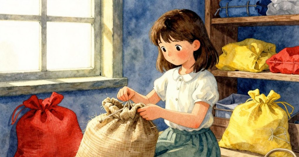 Hadley於溫馨磨坊儲藏室中整理穀袋，陽光柔和灑進室內，麵粉輕舞，氣氛寧靜而專注。