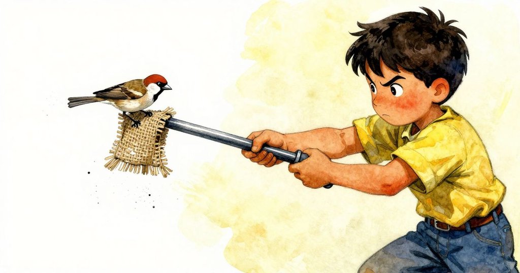 Rafe精心調整杠杆，麻雀拉動粗麻布觸發麵粉飛舞，捕捉機械與自然間瞬間的因果反應。