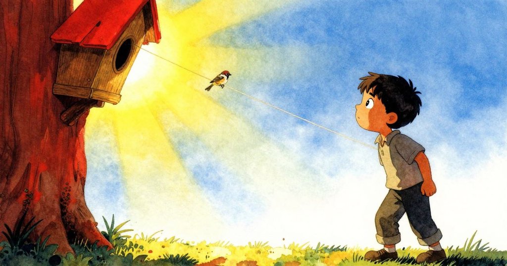 Rafe退後靜觀麻雀將粗麻布拉向陽光透進的閣口，畫面開闊柔和，寓意故事未完待續與未來的希望。